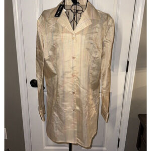 Via Seta Womens Silk Linen Shirt Dress SZ 14 Beige Multi Stripe Long Sleeve NWT